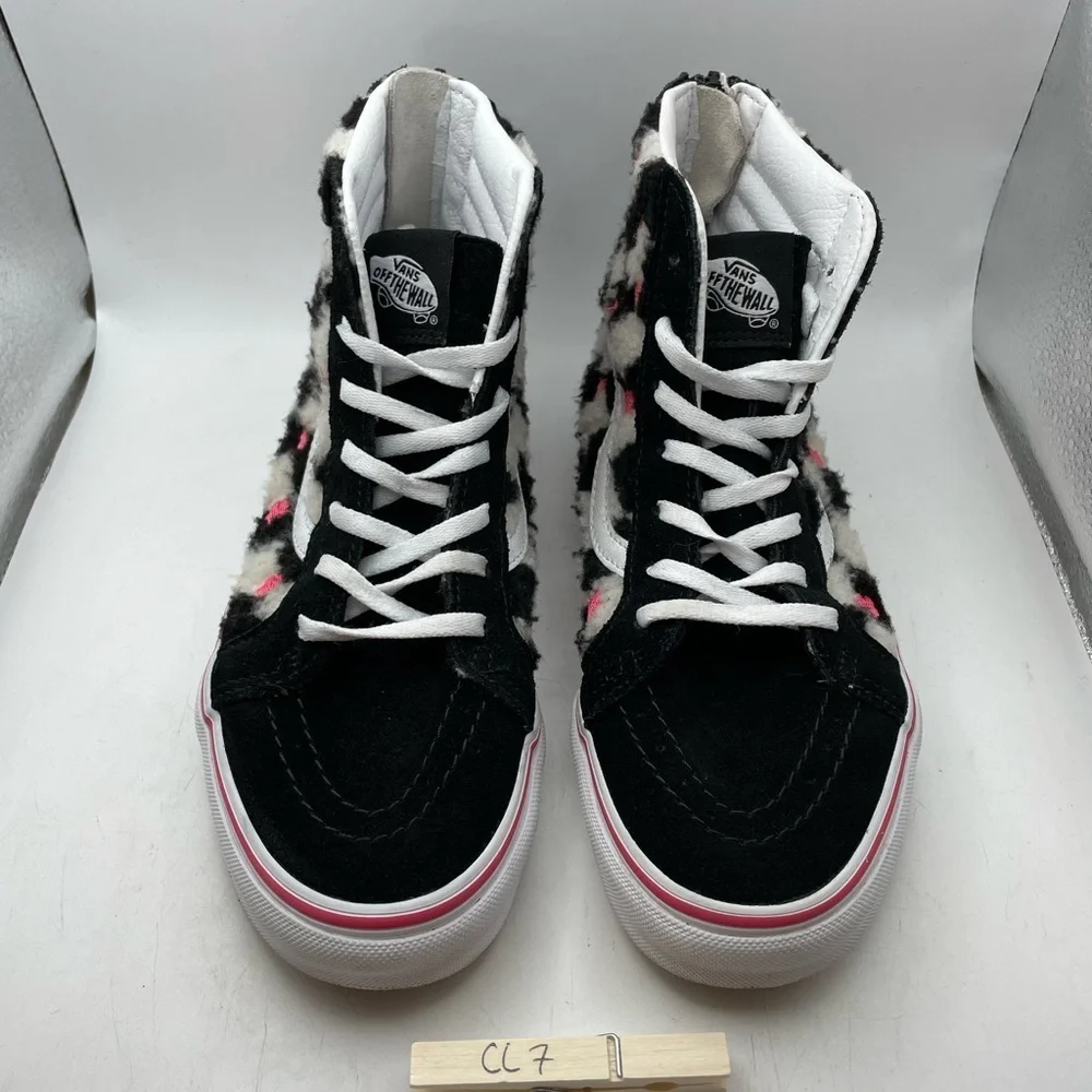 Vans Old Skool girls black white checkered floral hi sneakers size 5Y